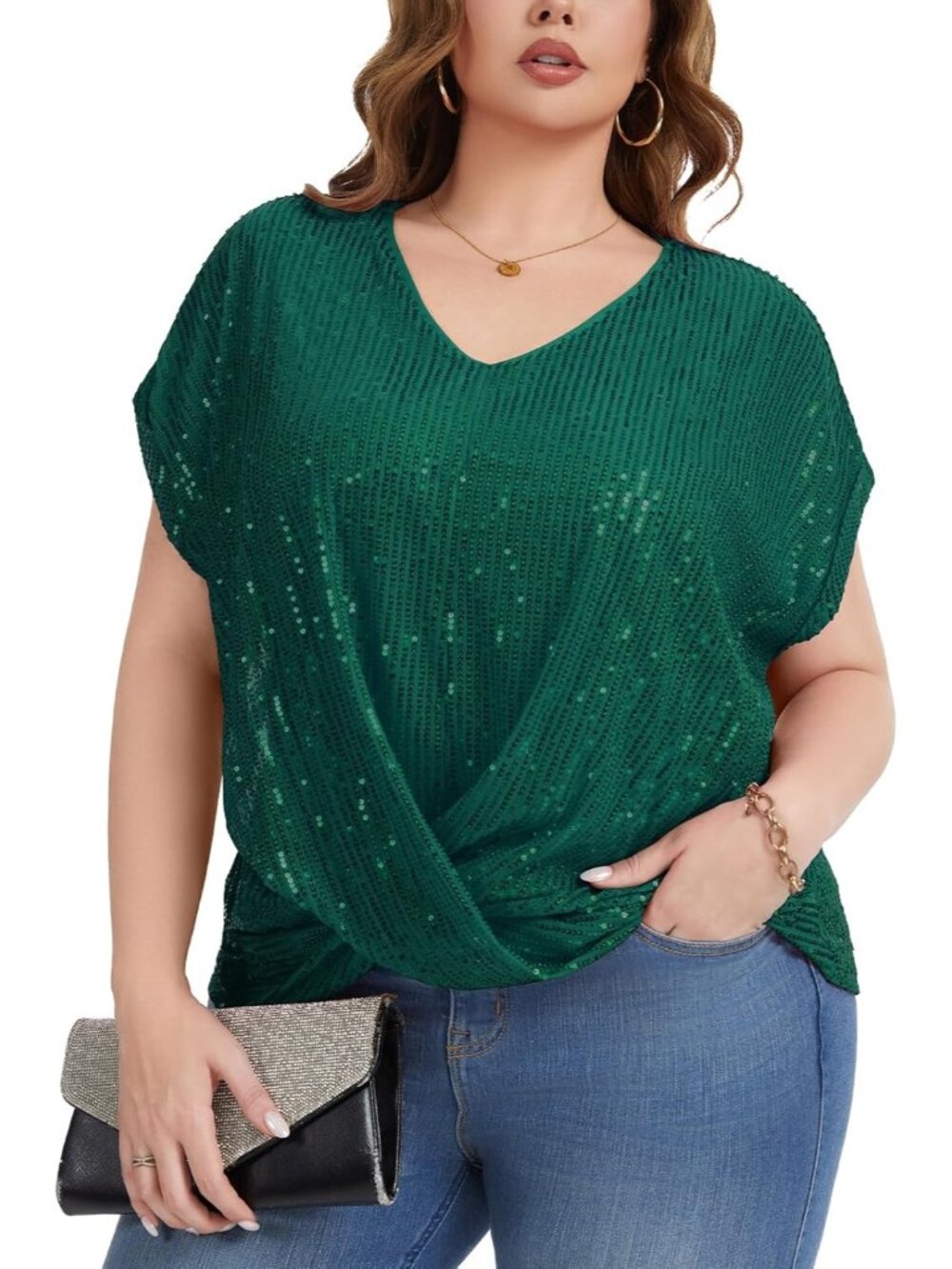 Women's Green Sequin Top Short Batwing Sleeve V Neck Shirts Elegant Blouses